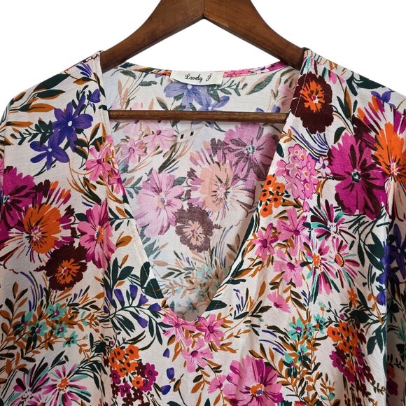 🔴Lovely J Women's Blouse Balloons Sleeves Floral Deep V neck Multicolor Medium - Picture 3 of 11